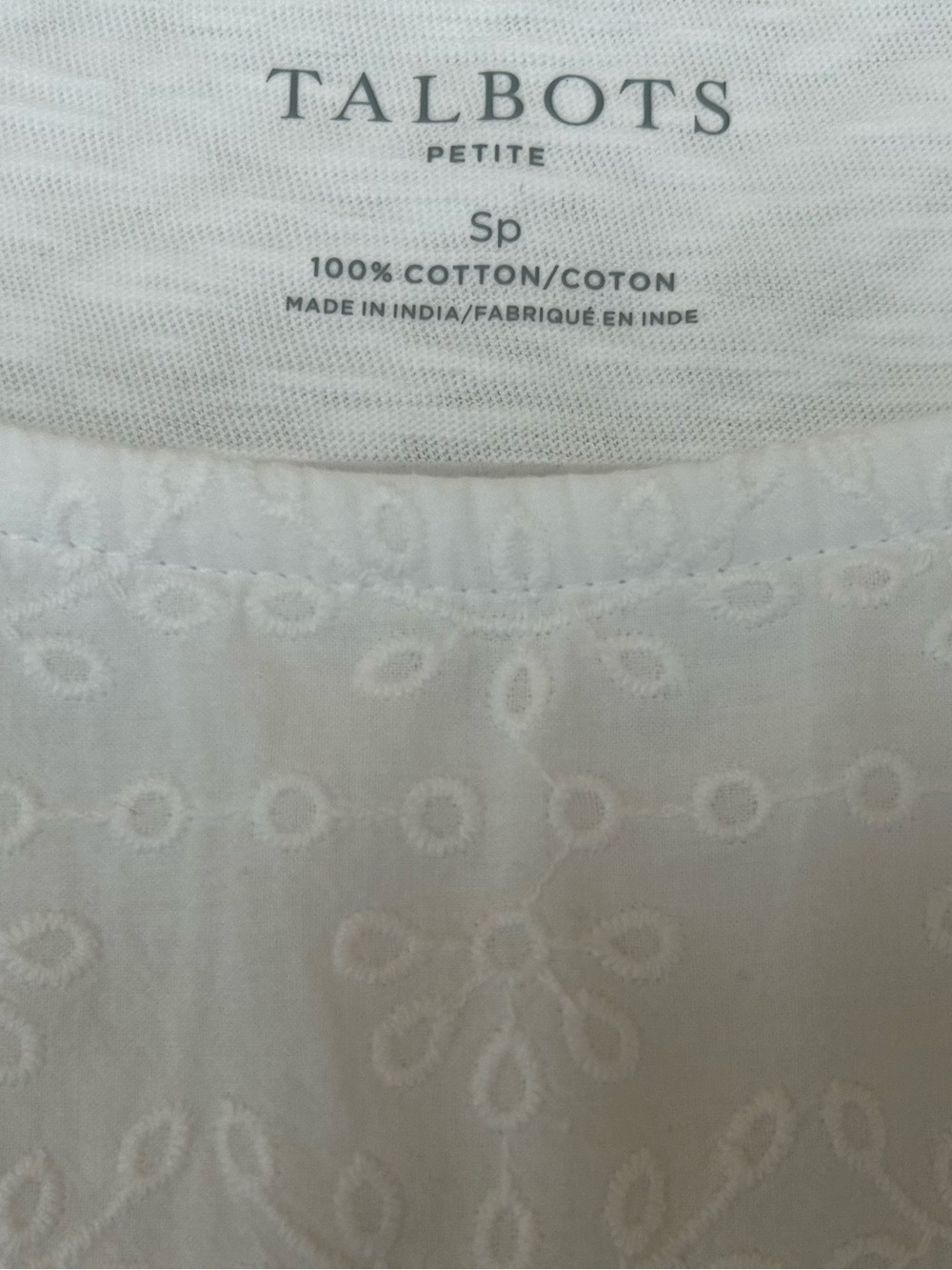 Talbots Petite White Eyelet Cotton Blouse,  Size SP - Picture 3 of 4